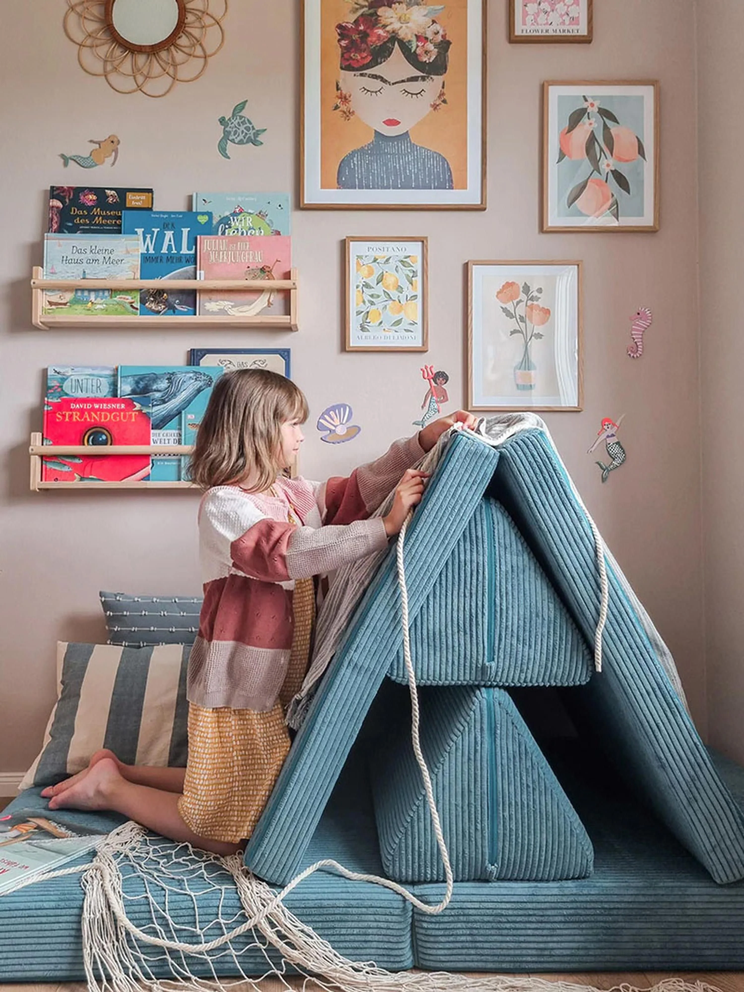 Handgemaakte modulaire fluwelen kinderspeelbank Mila
