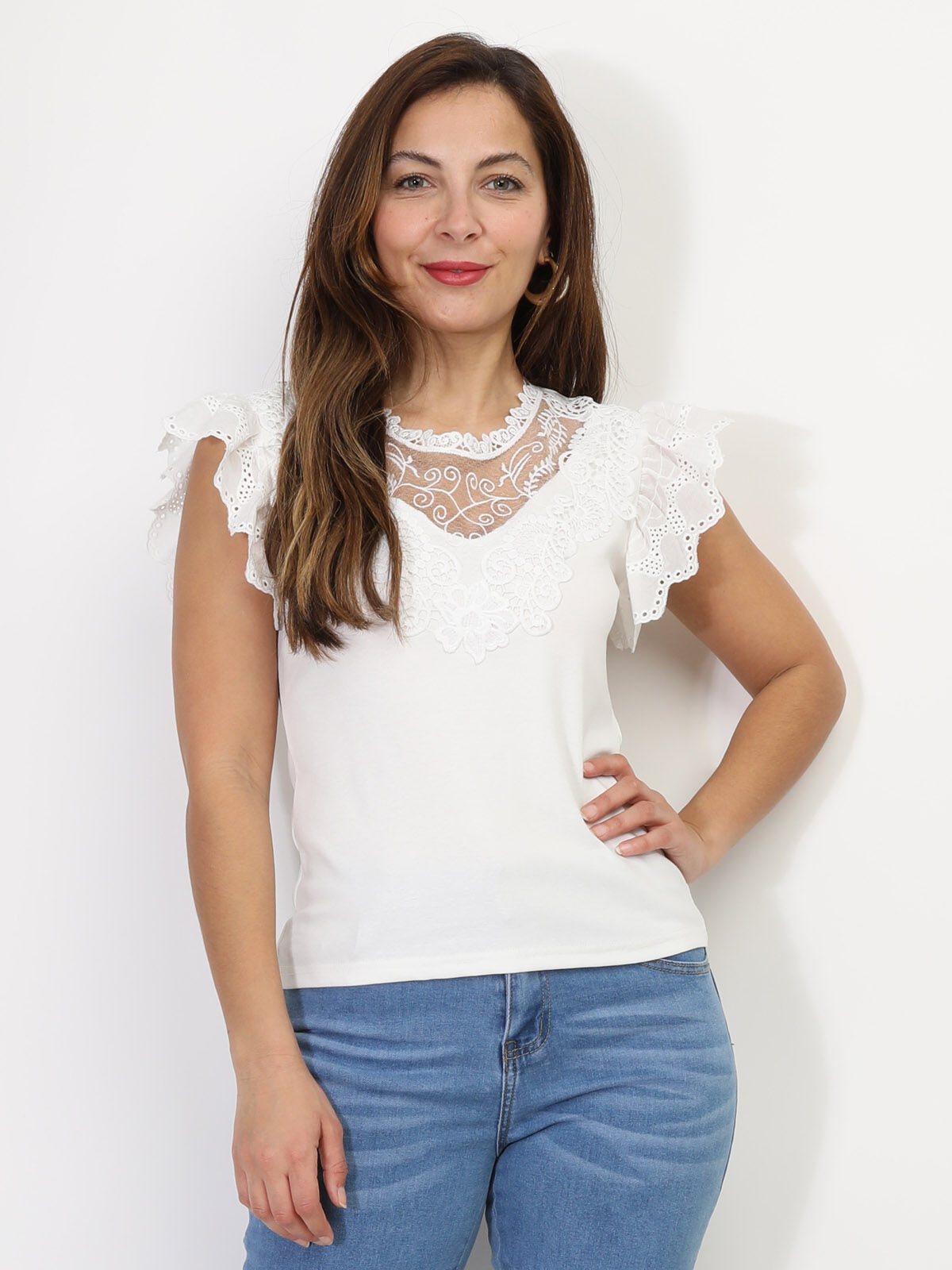 Top à dentelle et broderie- Blanc