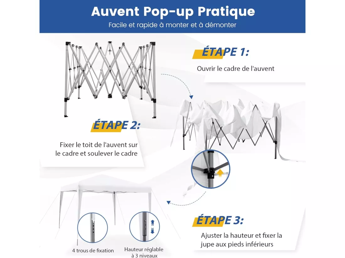Tonnelle de Jardin Instantanée Pliable 295x295CM, Tente de Jardin Anti-UV Imperméable 3 Hauteurs 249/252/255 cm Sac de Rangement, pour Marché Patio CamBoisg Blanc
