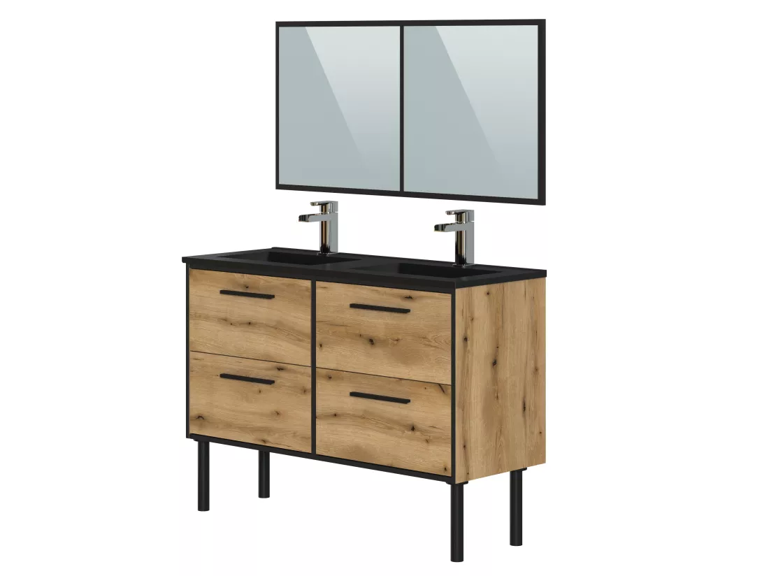 Meuble Salle de Bain coloris chêne et noir - Longueur 122 x Profondeur 64 x Hauteur 87,5 cm