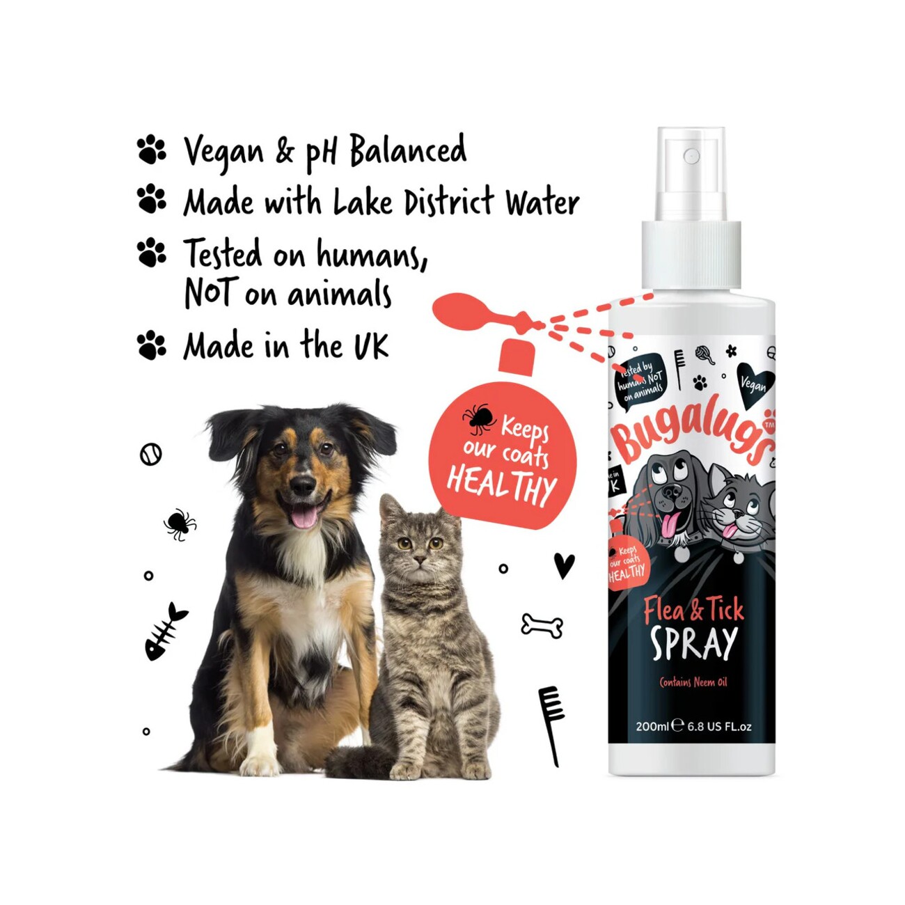 Bugalugs Floh- und Zeckenspray für Hunde & Katzen mit Neemöl 200 ml