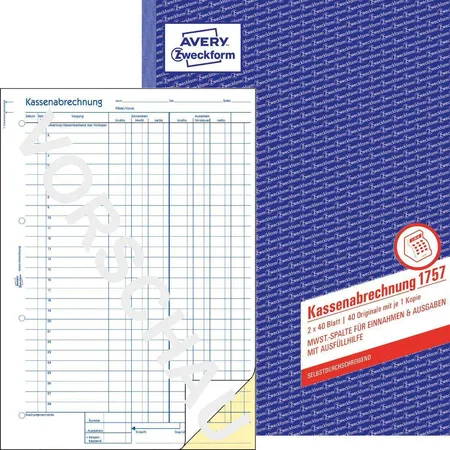 Avery Zweckform 1757 Kassenabrechnung, A4, selbstdurchschreibend, 2x40 Blatt