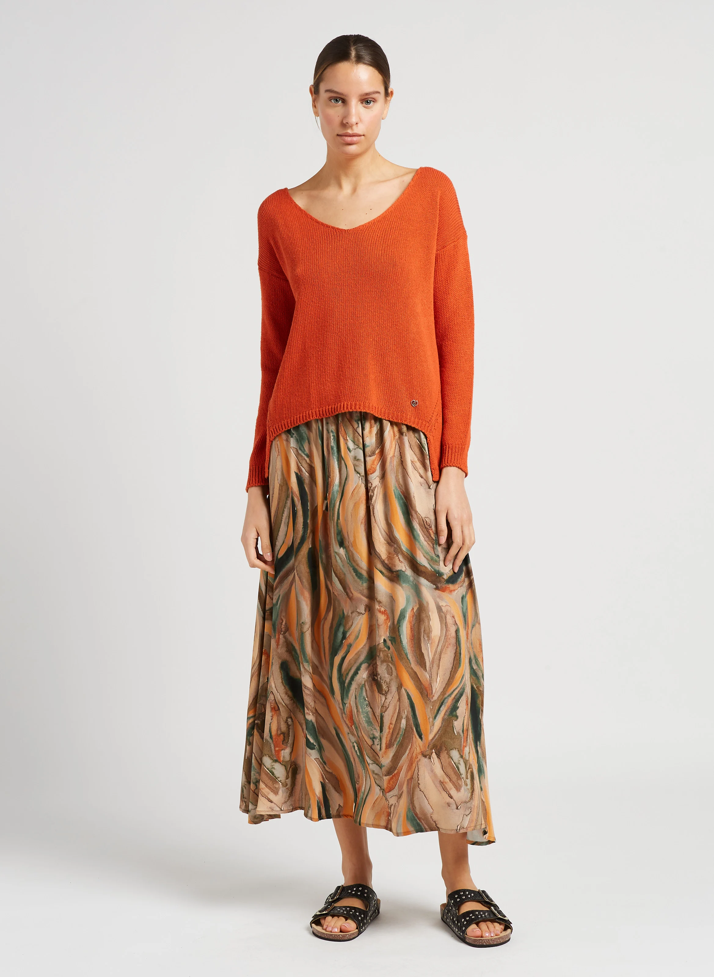 Pull en maille col V en coton mélangé| Orange