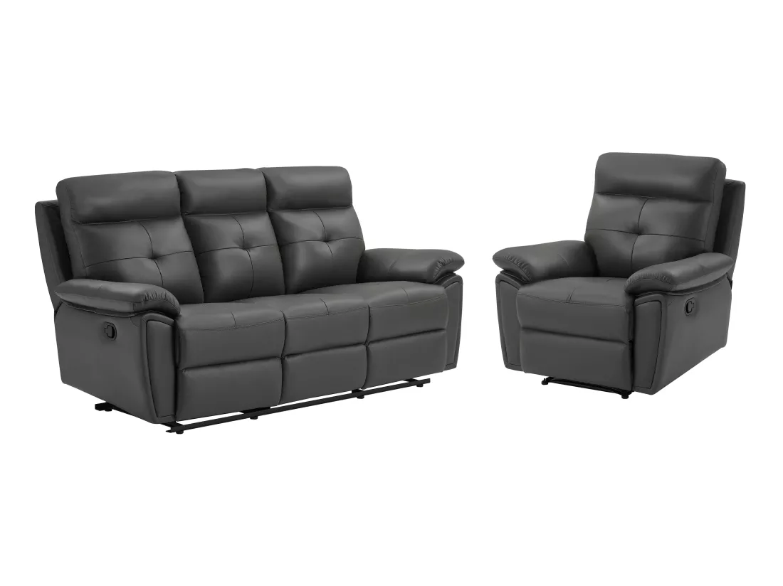 Canapé 3 places et fauteuil relax en cuir gris VINETA