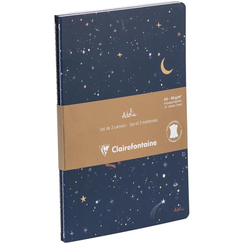 Adolie, Set de 2 carnets cousu fil A5 14,8x21 cm, 64 pages, ligné. Etoiles. 1 carnet couverture cuir + 1 carnet couverture carte imprimée, ass.