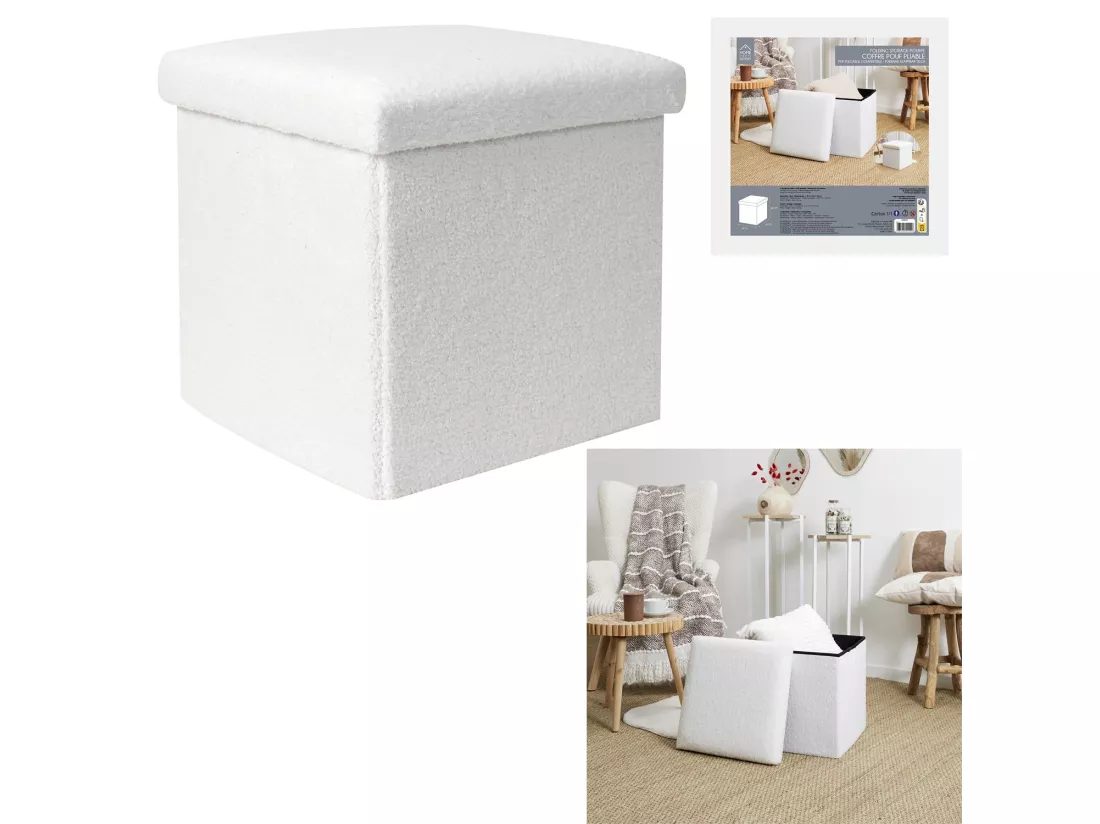 Coffre Pouf Pliable Bouclette Blanc - Lot de 4