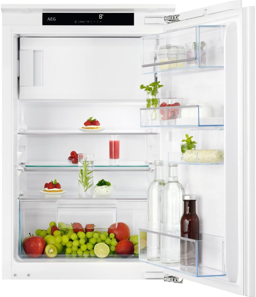 AEG Einbau-Kühlschrank 88cm mit 4-Sterne-Gefrierfach, Serie 5000 OptiSpace: 1x vielfach verstellbare & 1x teilbare Glasablage, großer Kühl- (104L) & Gefrierraum (14L), LCD-Display, Festtür, TSF5O88WDF