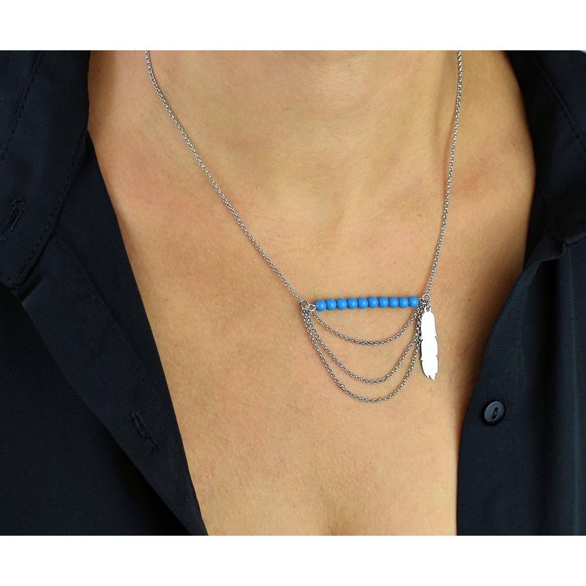 Collier bohème plume perles bleu turquoise 3 rangs Argent 925 Rhodié