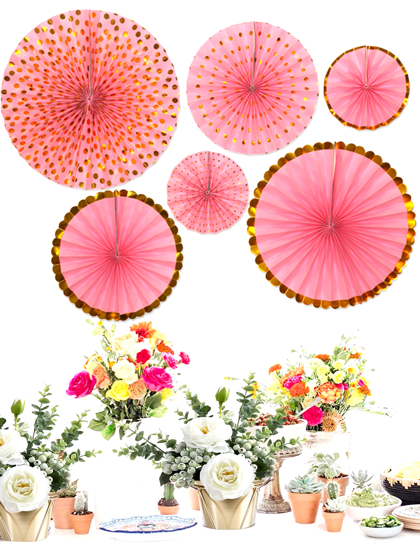 (6er Set) Papier Fächer Deko Rosetten Party / Geburtstag / Baby Shower - Rosa / Gold