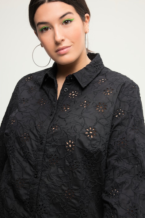 Hemdbluse, Boxy Shape, Lochstickerei, Hemdkragen, Langarm
