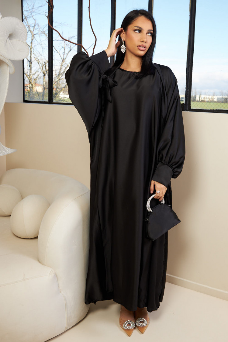 Ensemble 2 pièces abaya + gilet noir à noeud aux poignets