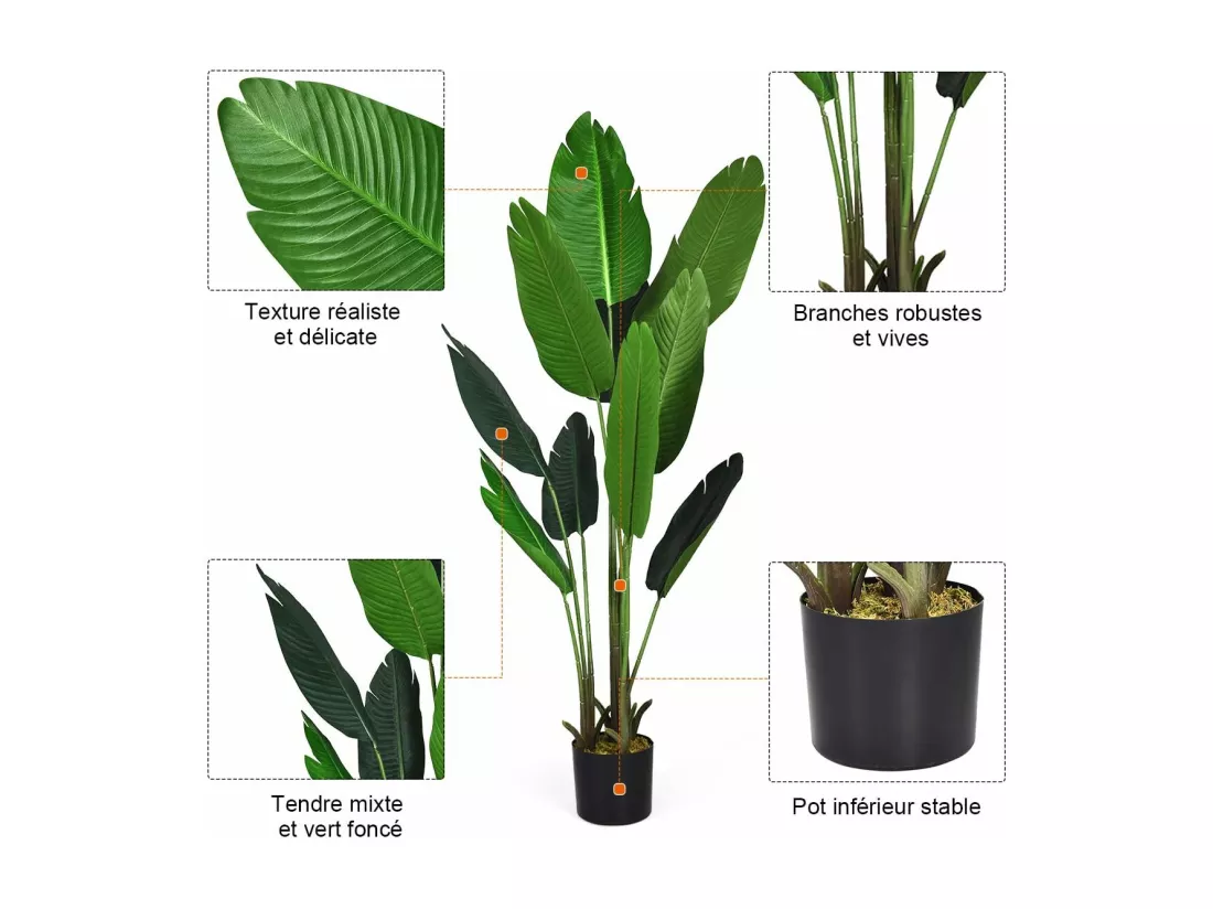 Plante Artificiel Bananier Avec Pot 160CM, avec 10 Feuilles Tropicales et Tronc en Bois et PE, Idéal pour Jardin, Magasin, Bureau, 160CM