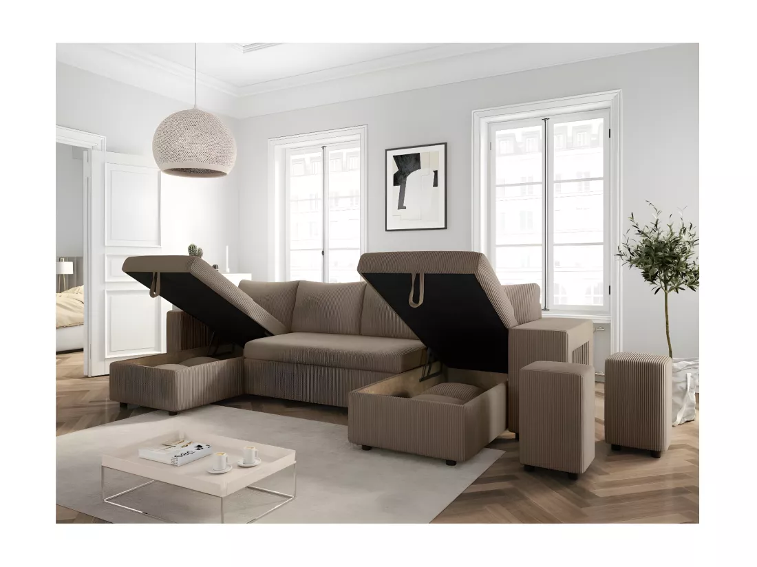 Canapé panoramique Oslo convertible avec 2 coffres, 2 poufs à droite en velours côtelé taupe - L311 x P146 x H81cm - Loungitude