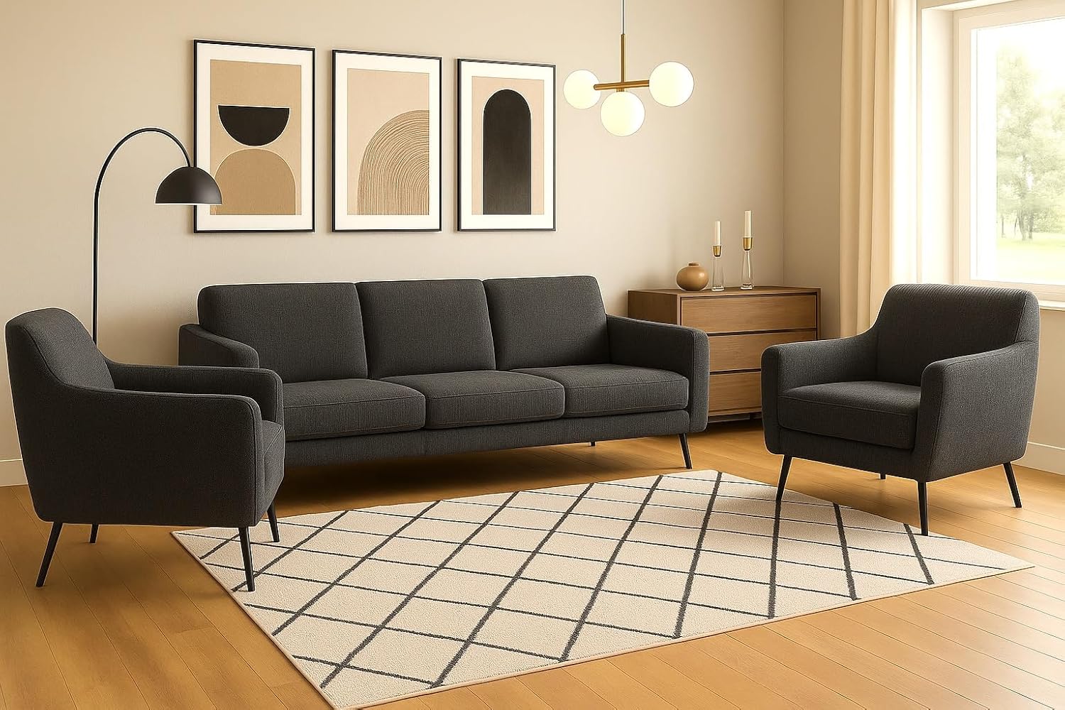 A&J MöbelLand GmbH Polstergarnitur Benito: 3-Sitzer Sofa + 2 Sessel – Wohnzimmer Set, modernes Design, Bonellfederkern, langlebige Qualität, Bezug in Dunkelgrau