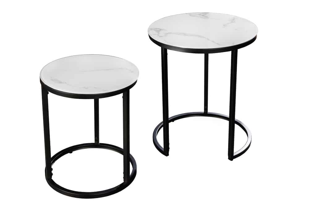 Design Beistelltisch ELEGANCE 2er Set weiß rund Kristallglas mit Marmor-Dekor schwarzes Gestell