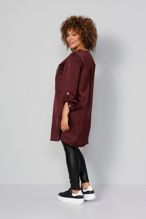 Long-Tunika, Satin, Pailletten-Brusttasche, Langarm