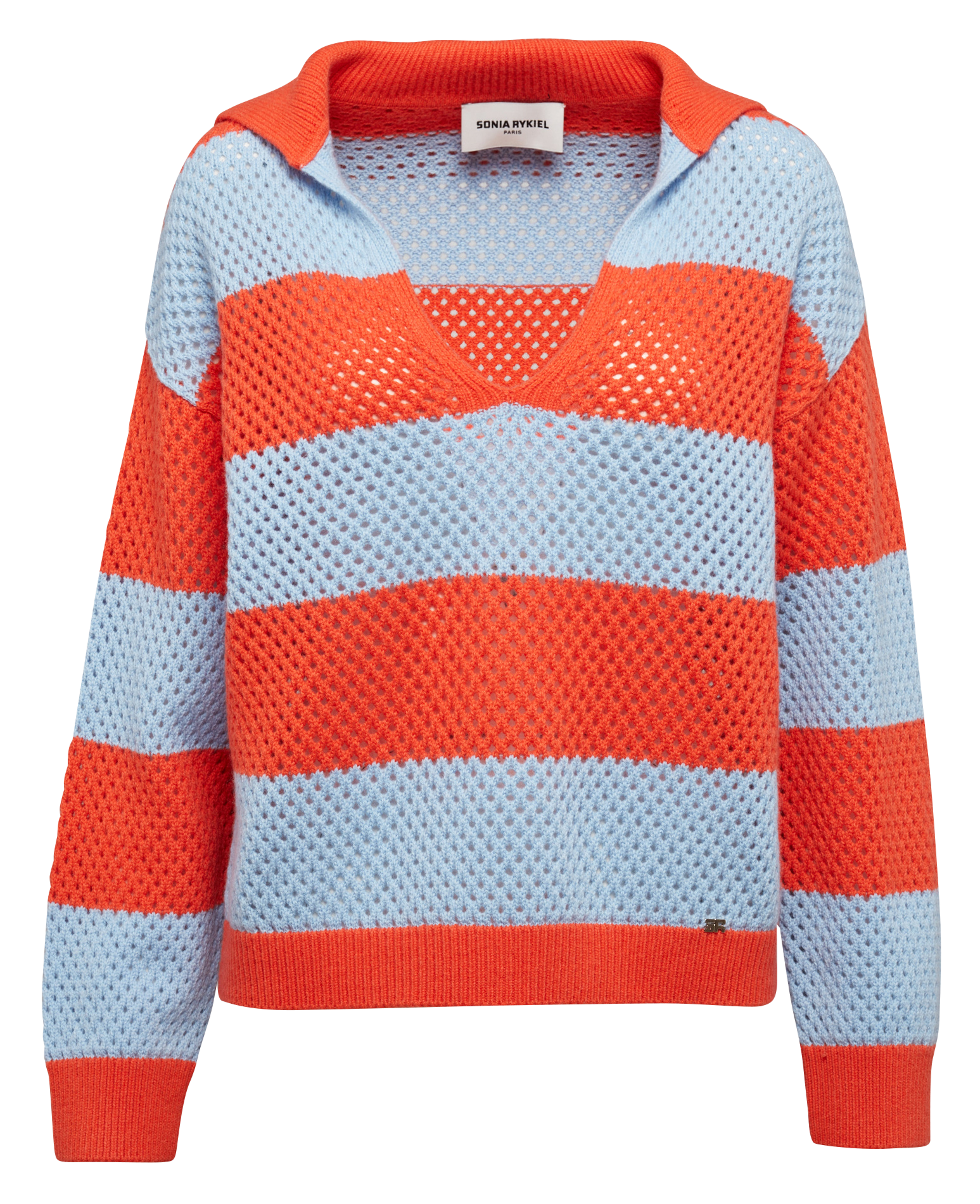 Pull col V rayé en cachemire mélangé| Orange
