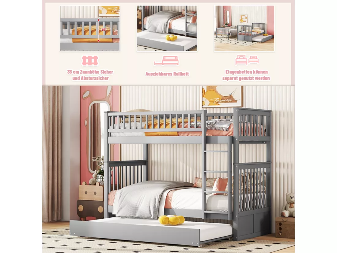 Lits superposés 2 x 90 x 200 cm + lit gigogne 90 x 190 cm - Bois MDF - Gris - ANTHONY