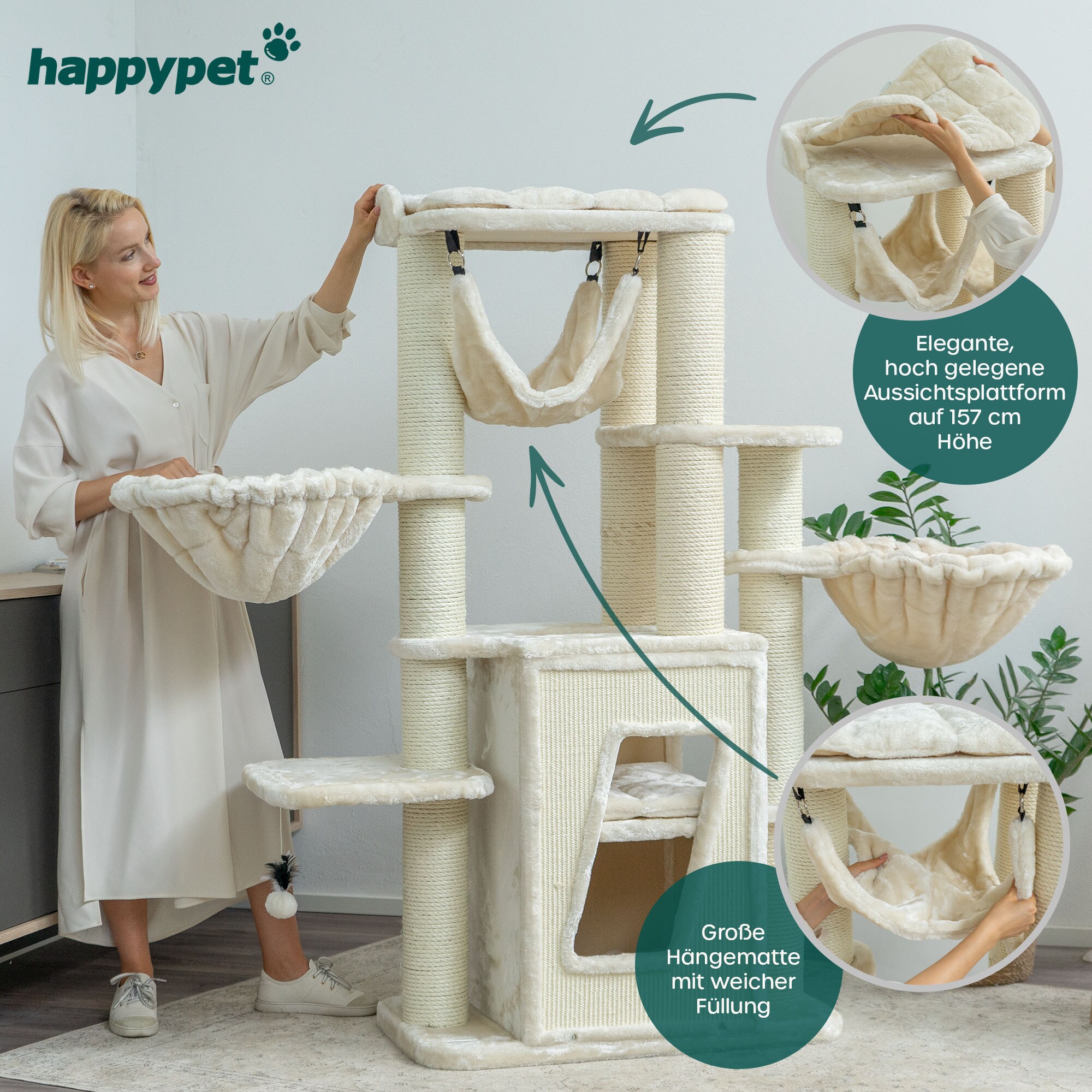 HAPPYPET Kratzbaum stabil 157 cm Katzenbaum Kletterbaum Sisal Massiv | Creme