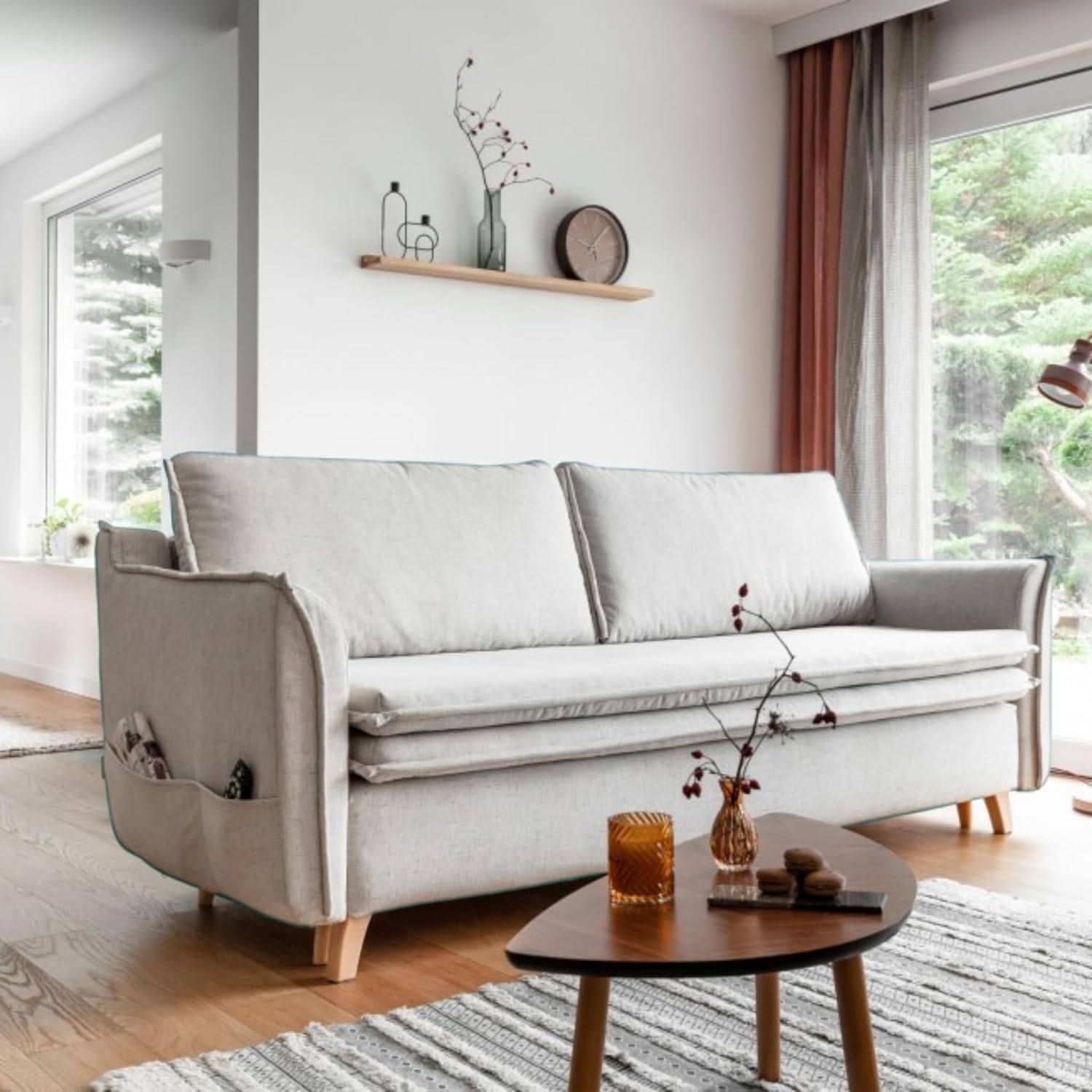 MIUFORM Charming Charlie Slim mit Bettkasten und mit Bettfunktion | 3 Sitzer Sofa | 225 x 90 x 85cm | Klappsofa mit Schlaffunktion | Schlafsofa klappbar (Beige)