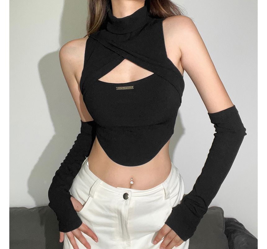 Sosana - Hoge hals, cut-out, effen, slim-fit crop top met mouwen