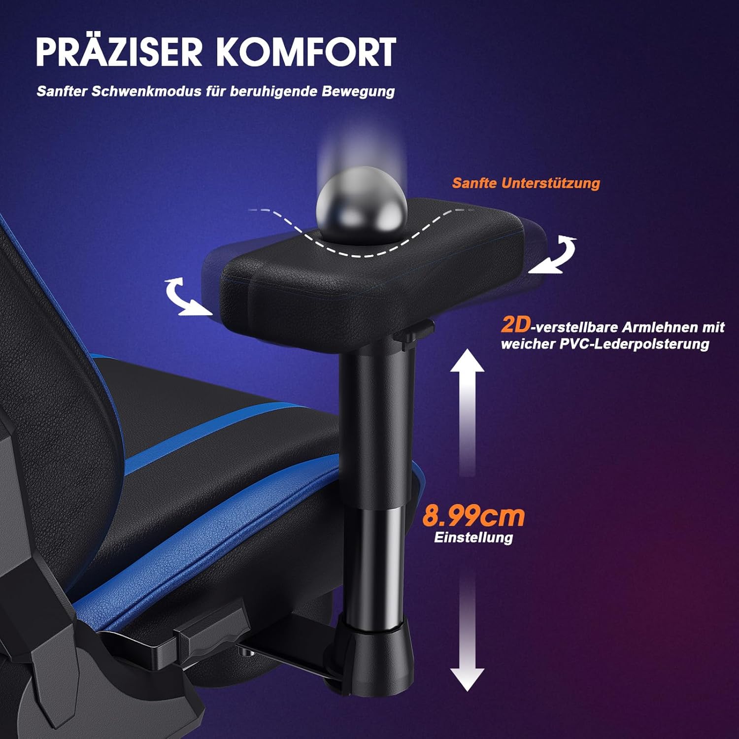 Douxlife Gaming-Stuhl mit Knetmassage und Heizfunktion, Ergonomischer Bürostuhl mit Fußstütze, 90°-175° Verstellbar, Gepolsterte 2D-Armelehnen, Gamer Sessel PC Stuhl, 181KG, Blau