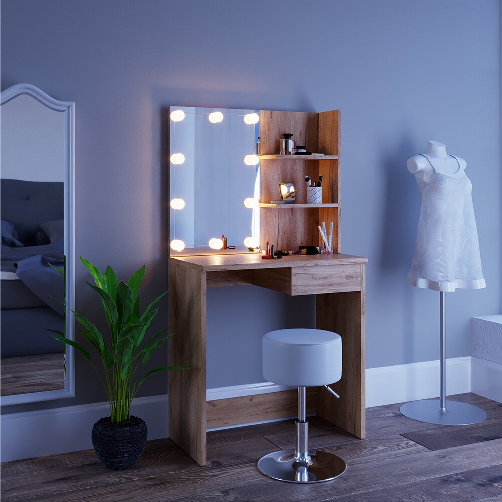 VICCO LED Schminktisch DEKOS Frisiertisch Kommode Kosmetiktisch Eiche Hocker