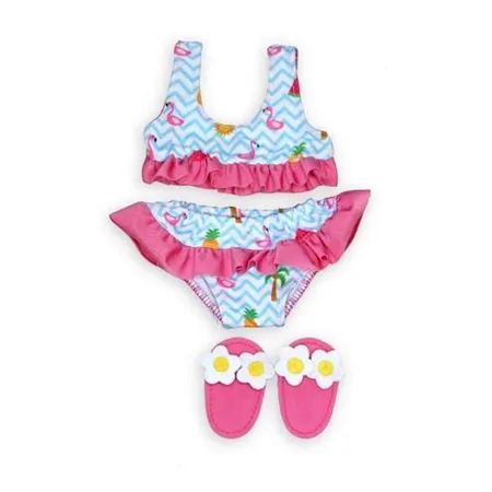 Heless Puppenkleidung Bikini im Flamingo-Design mit Badeschläppchen in Größe 28-35cm