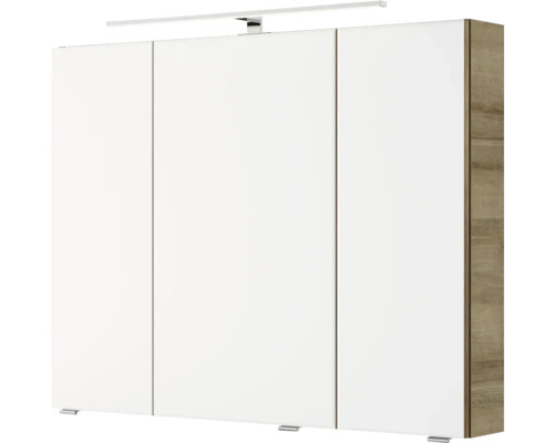 3-delige badkamermeubelset Pelipal serie 4035 BxHxD 90 x 200 x 45 cm, frontkleur eiken riviera, met keramische wastafel in wit en keramische wastafelkast, wastafelmeubel, spiegelkast met LED-verlichting 40350900121470