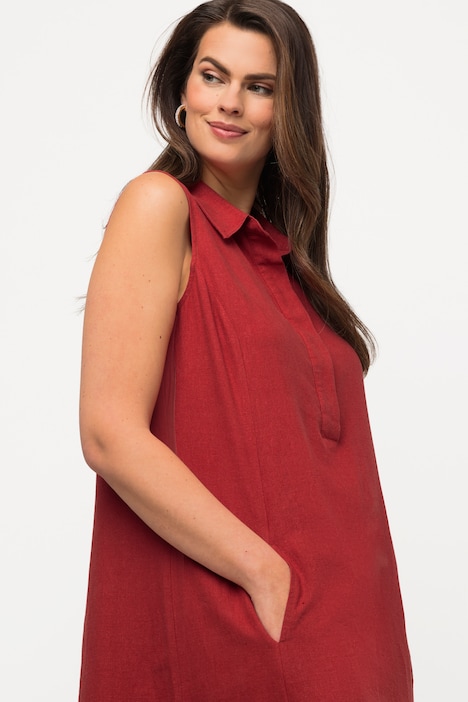 Midikleid, Leinenmix, A-Linie, Reverskragen, ärmellos