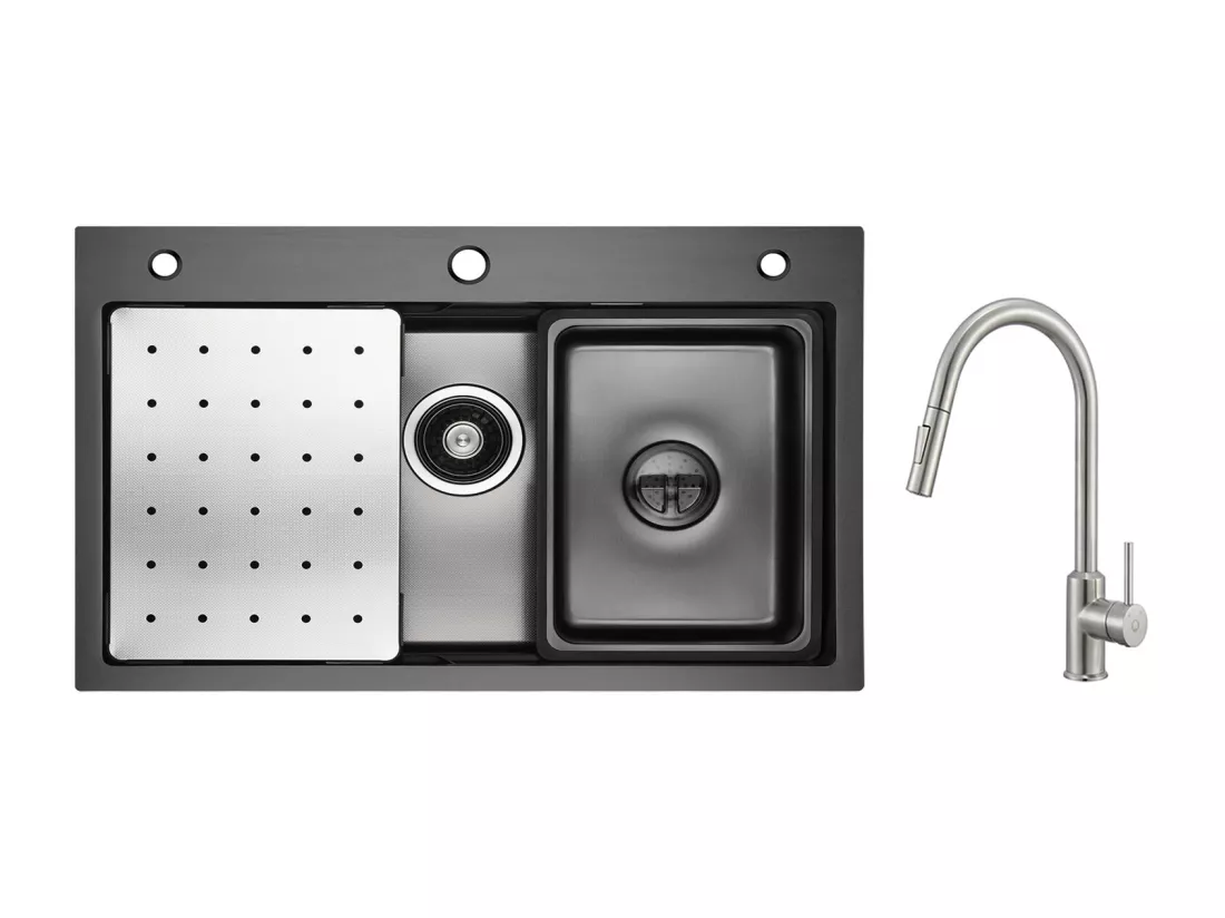Cecipa max Évier 1 Bac 70×45×21.5CM Noir avec Egouttoir, Vasque et Distributeur de Savon+Mitigeur avec Douchette Extractible 2 Modes de Sortie D'eau