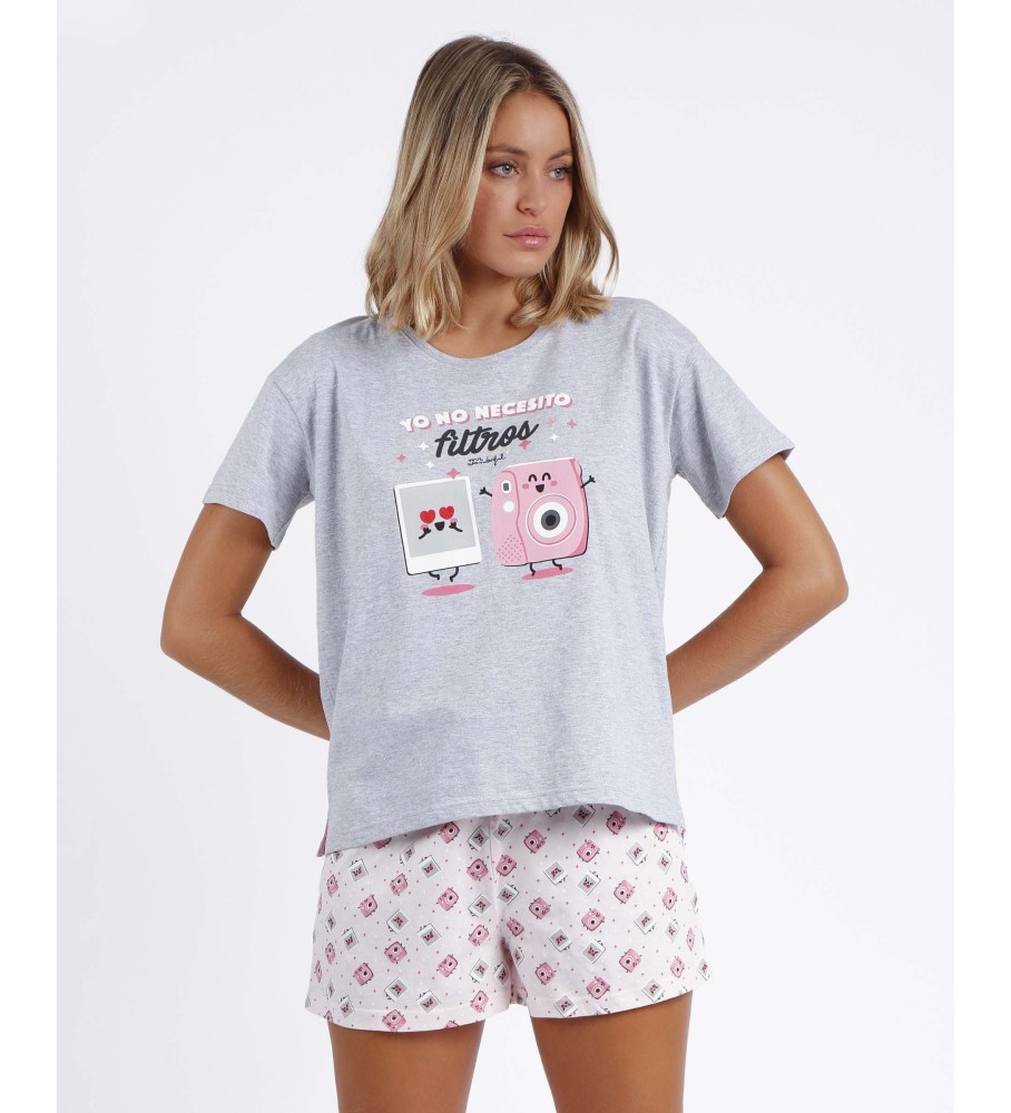Pijama Aznar Innova de manga curta, cinza.