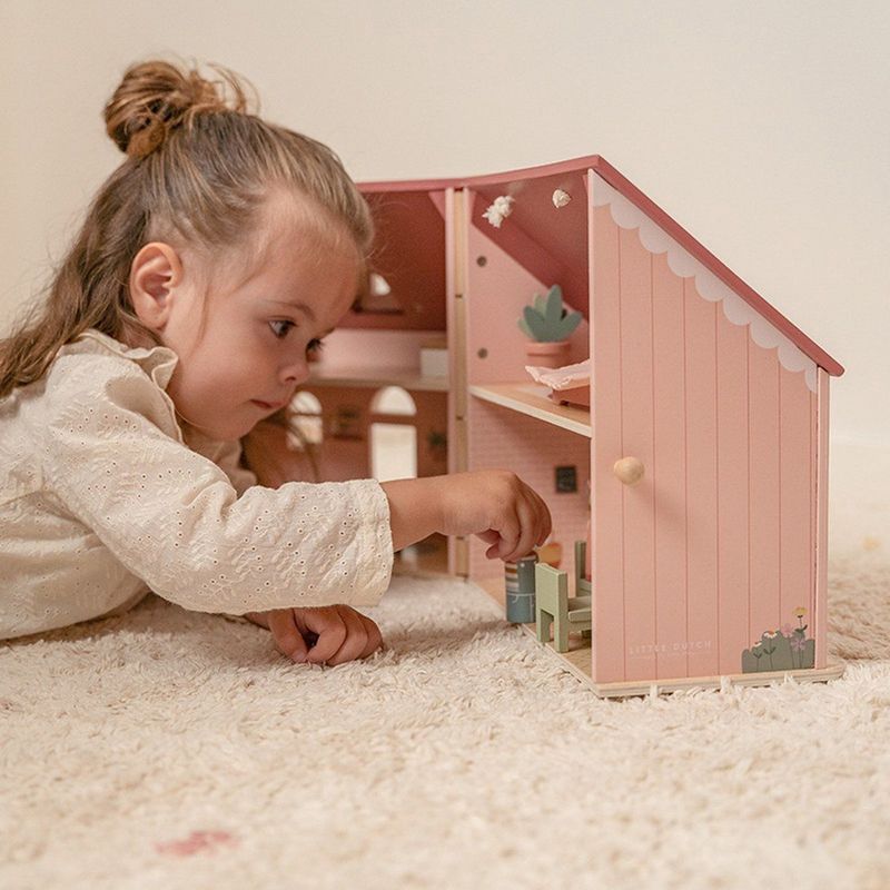 Little Dutch - Draagbaar Houten Poppenhuis - Roze - FSC Hout - Inclusief Inrichting