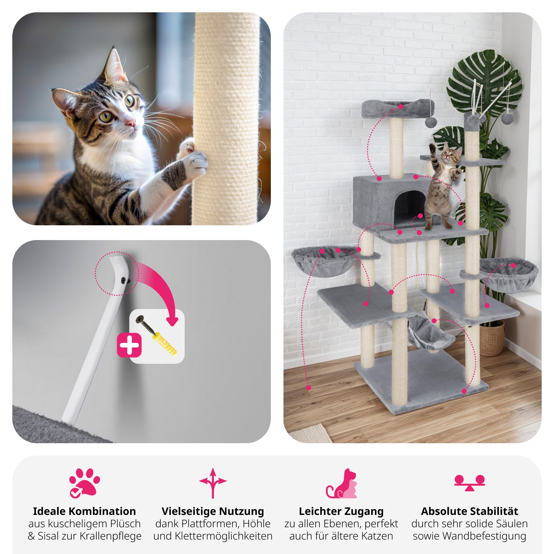 tectake® Kratzbaum, 165 cm, mit Katzenhaus, inklusive 4 Spielbällen, Kordel und Kippschutz