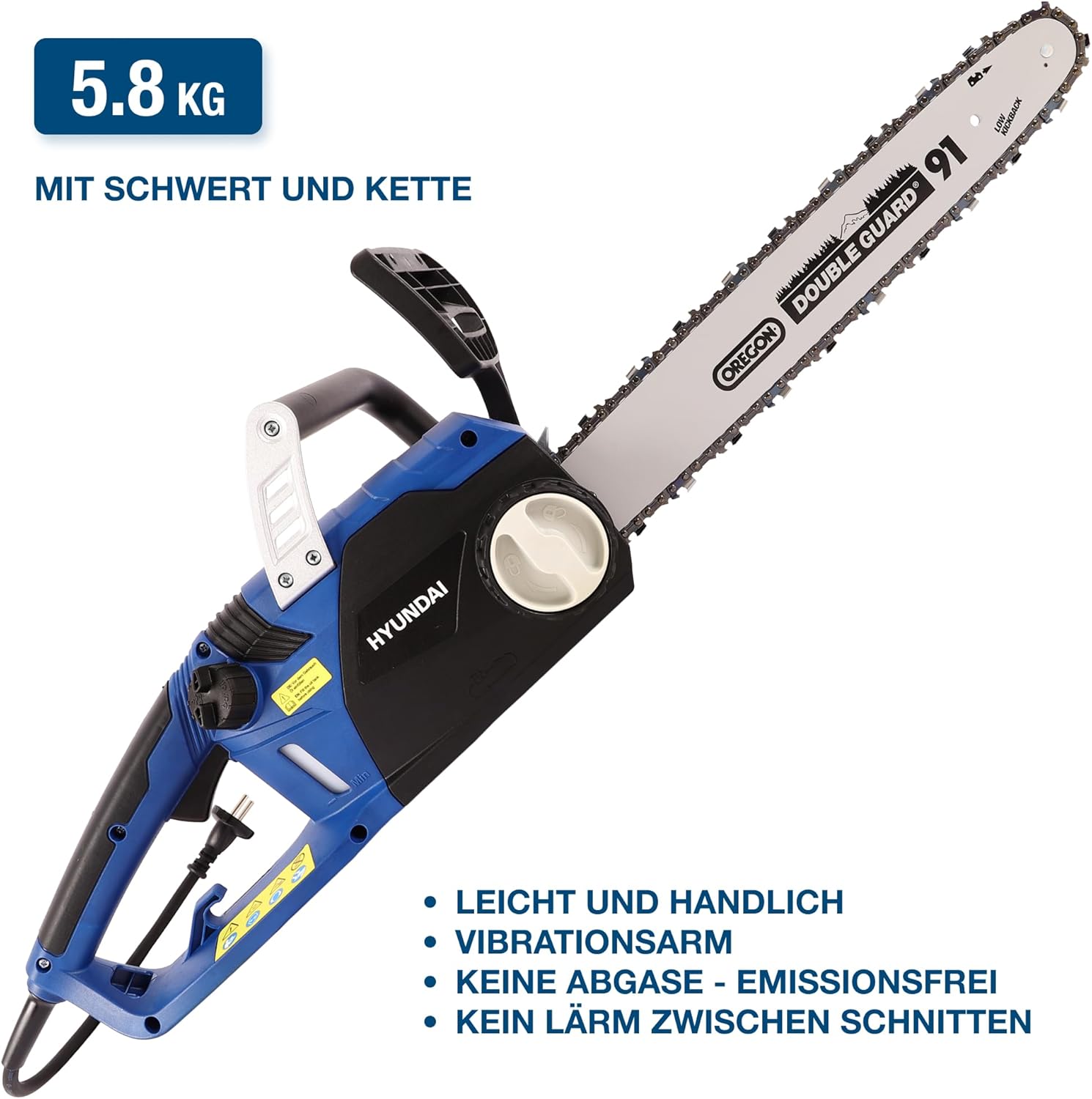 HYUNDAI Elektrische Kettensäge CS2416E (Elektrokettensäge, Motorsäge elektrisch, Elektrosäge mit 400 mm Schwert und 2400W Motorleistung)