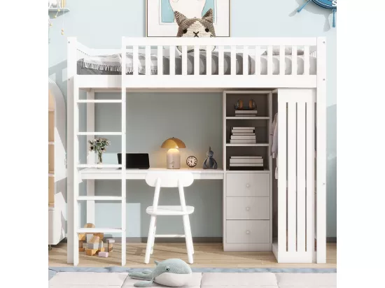 Lit en mezzanine, 90*200 cm, bureau, armoire, 3 tiroirs, rangement ouvert, balustrade, escalier, sans matelas, blanc