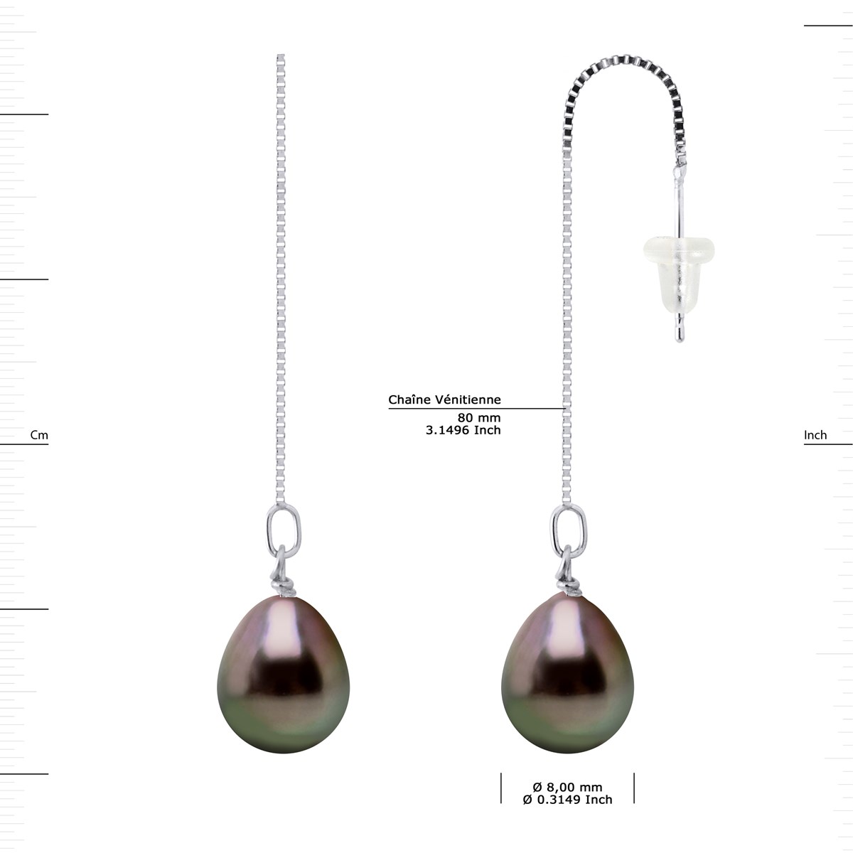 Boucles d'Oreilles Chaînes Pendantes Perles de Tahiti 8-9 mm Or Blanc