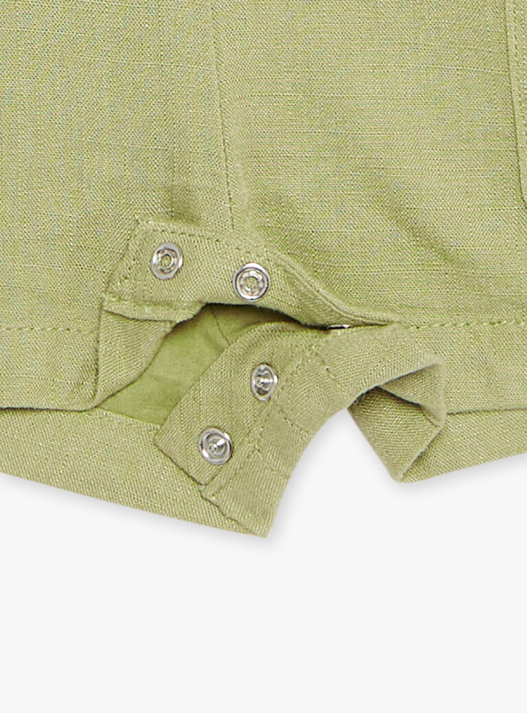 Salopette kaki clair en lin à broderies dinosaures