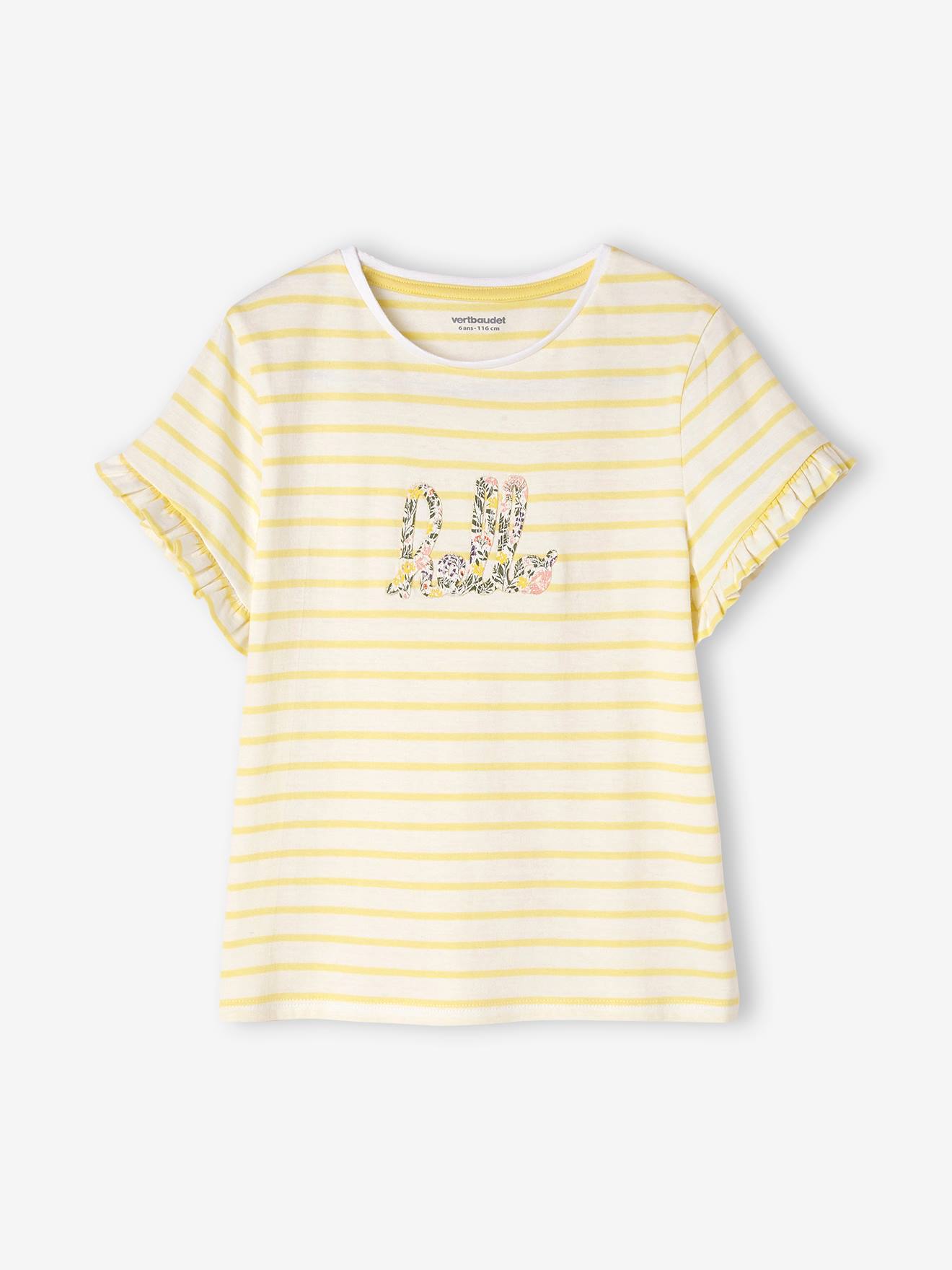 Camiseta listrada de manga curta com babados para meninas, cor cru