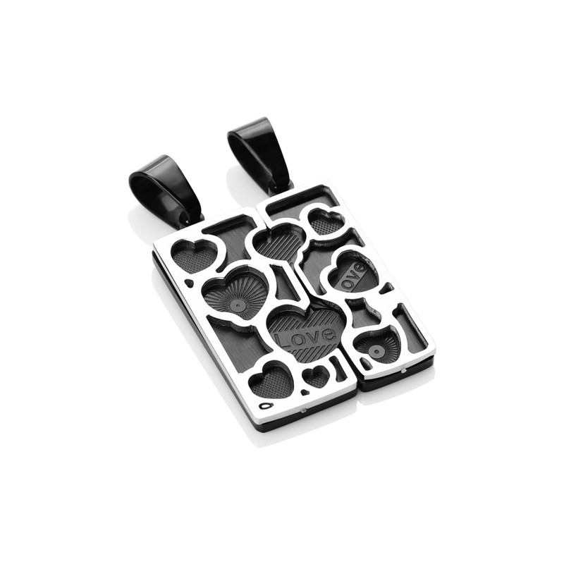 Parure Double Pendentifs Couple Plaque Coeurs en Acier inoxydable