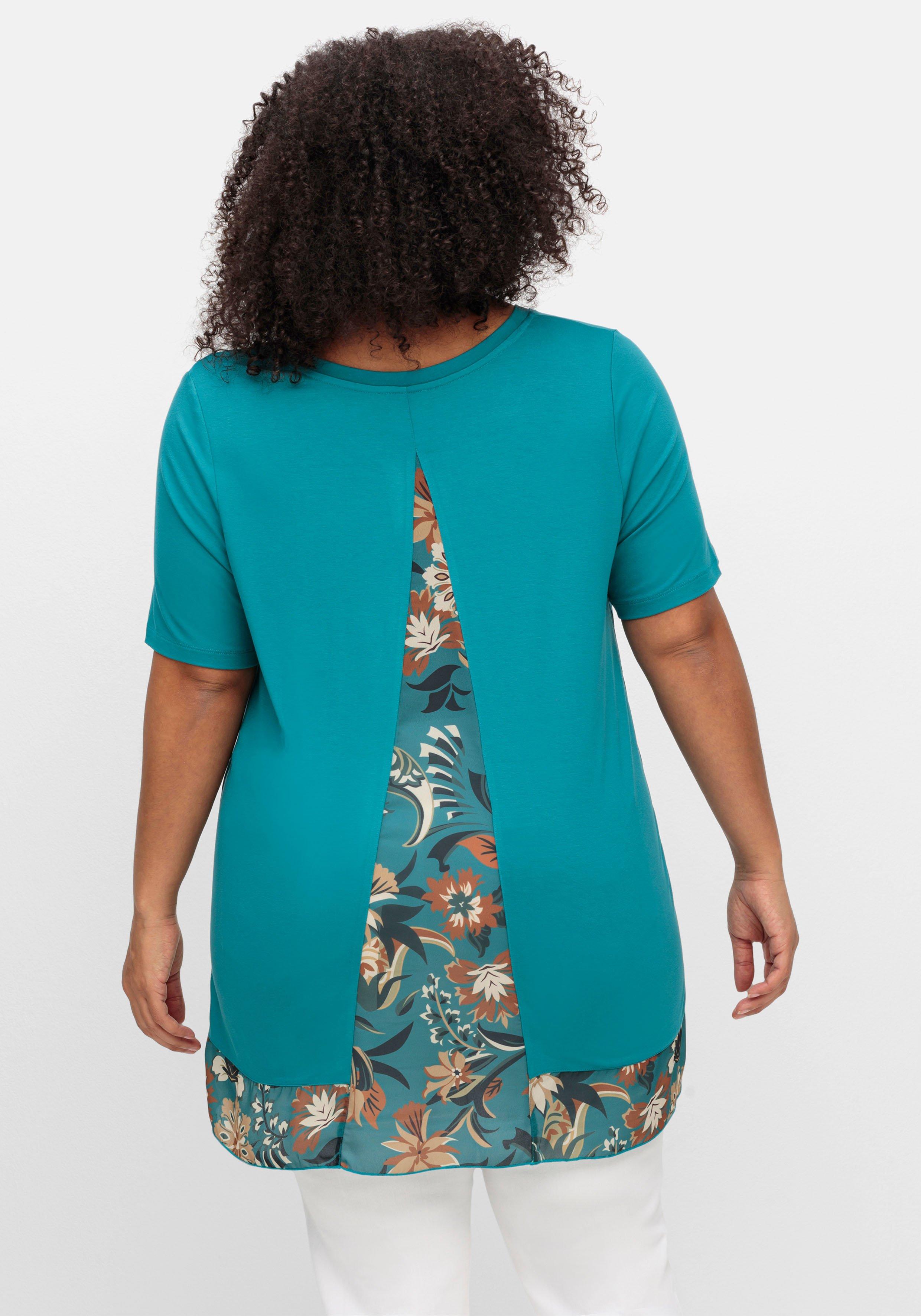Longshirt mit floral bedruckten Crêpe- Einsätzen