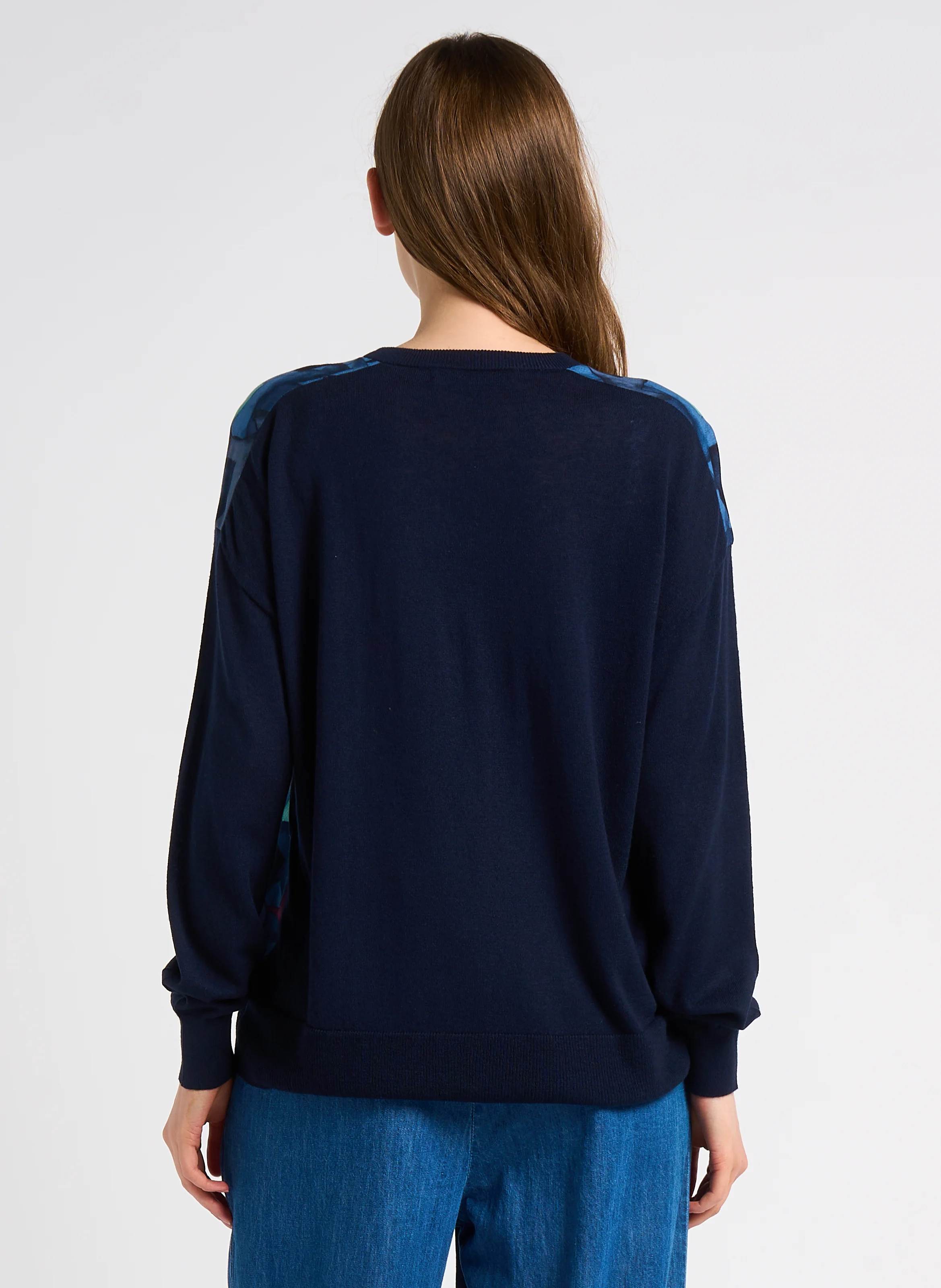 Pull col rond imprimé bi matière| Bleu