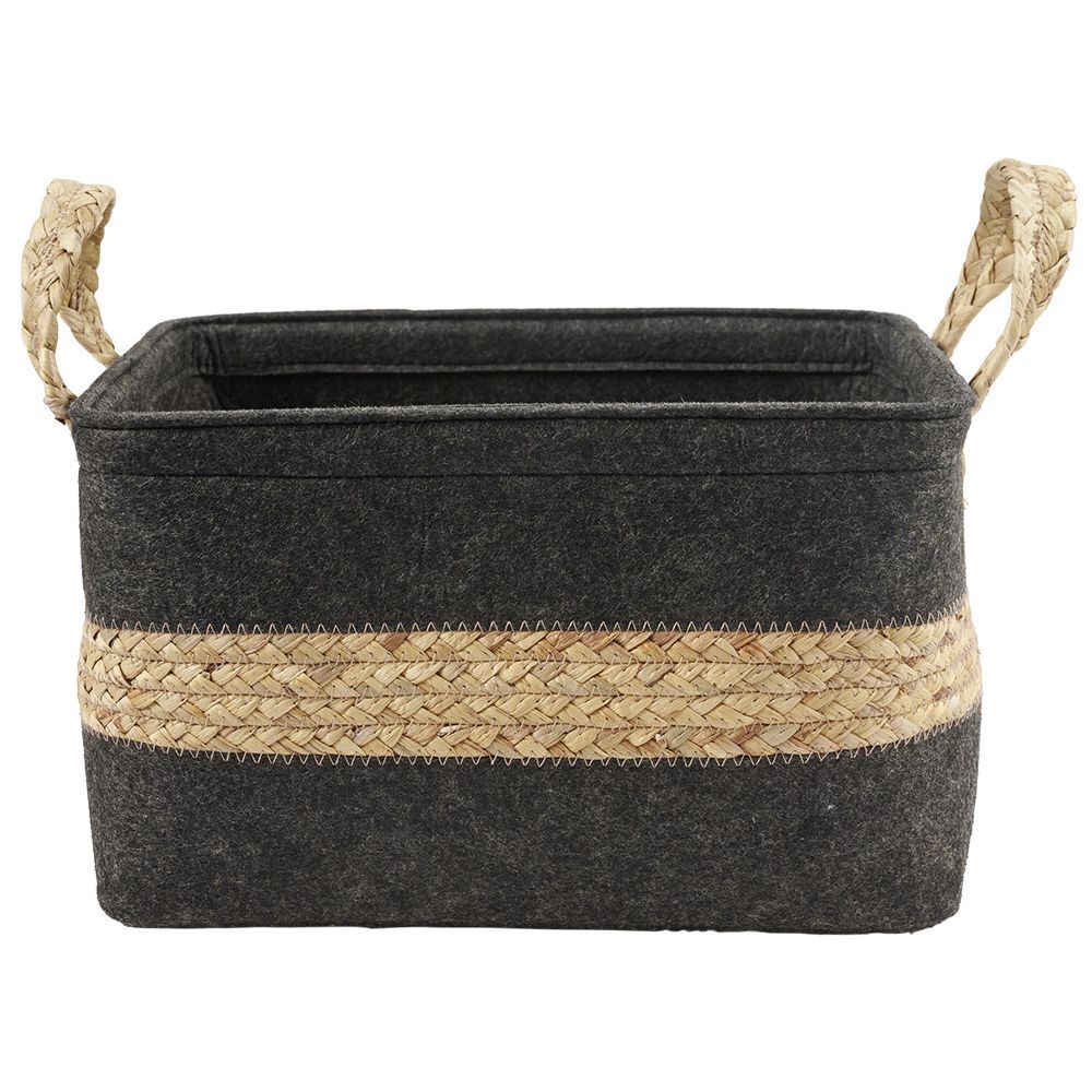 Panière en jonc de mer noir avec bande déco naturel - 32x27xH32 cm