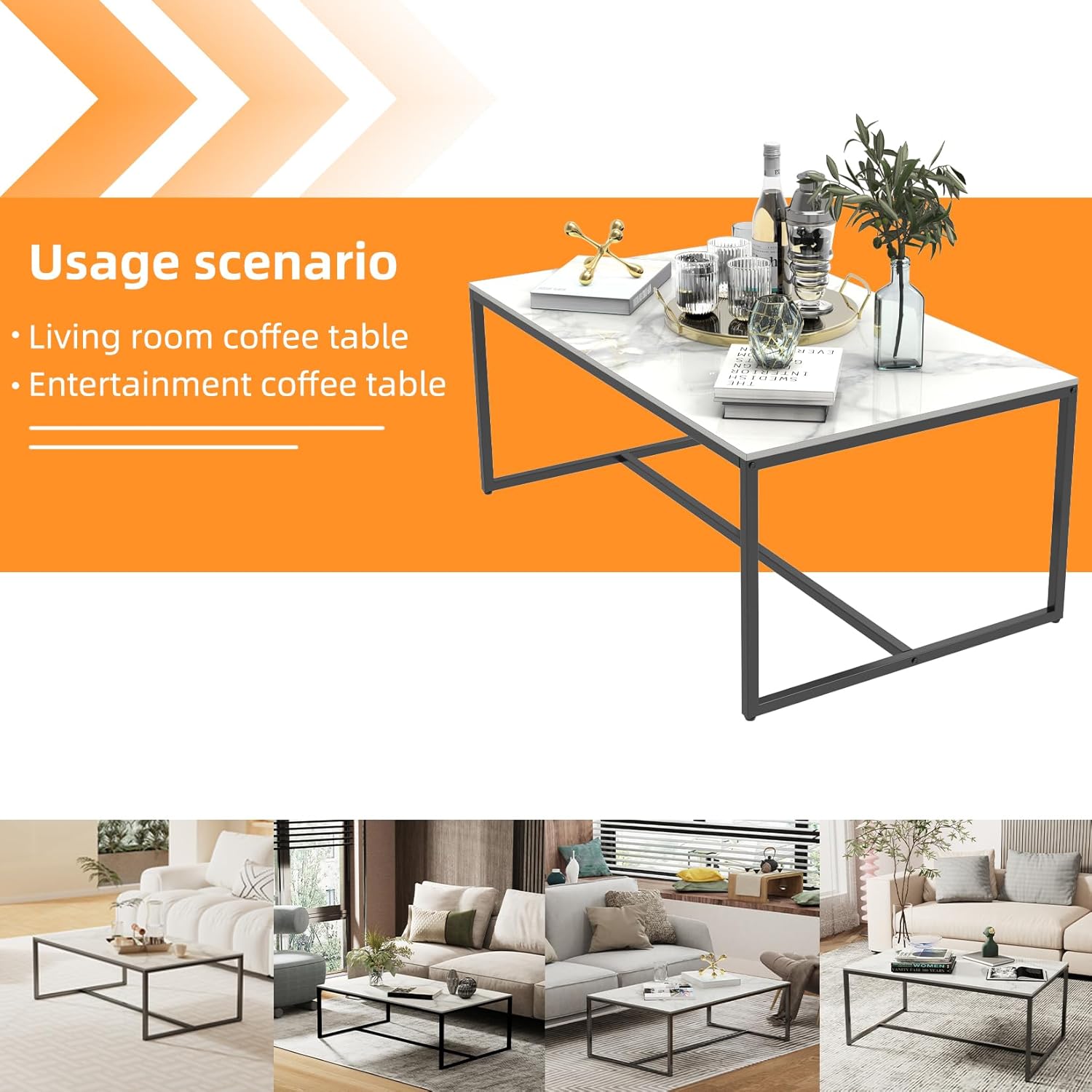 FATIVO Couchtisch Marmor Weiß Modern: Rechteckiger Skandinavisch Kaffeetisch Wohnzimmertisch mit schwarz Metallgestell - Beistelltisch für Wohnzimmer 100x60x40cm