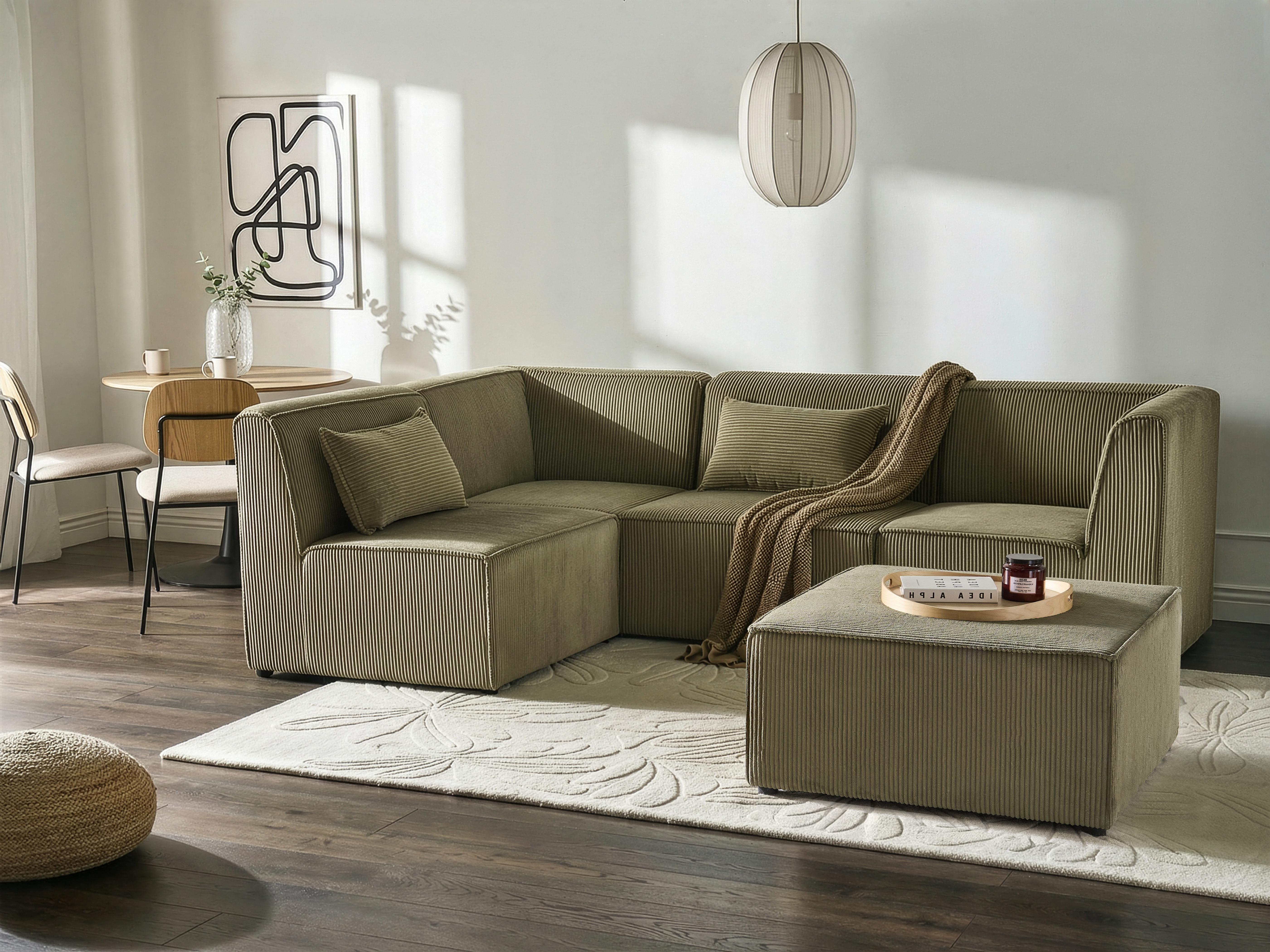 Modulaire hoekbank 4-zits LEMVIG Corduroy Groen met ottomaan rechtszijdig