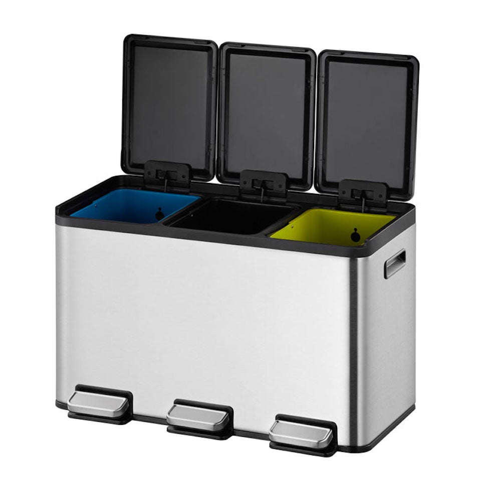 PROREGAL Rechthoekige afvalbak van geborsteld roestvrij staal met aparte softclose- en openhouddeksels 30 liter HxBxD 37,1 x 59,5 x 32,1 cm Zilver