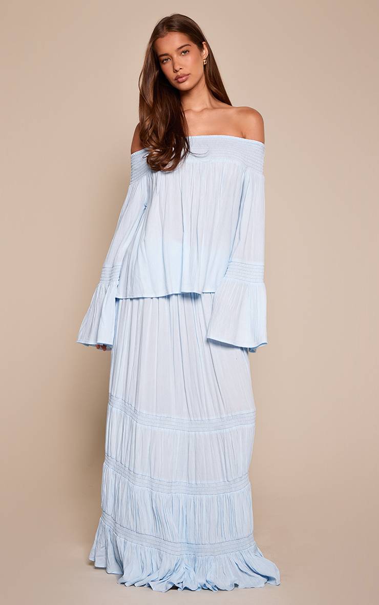 Bleu Ensemble Haut Bardot Froncé Évasé