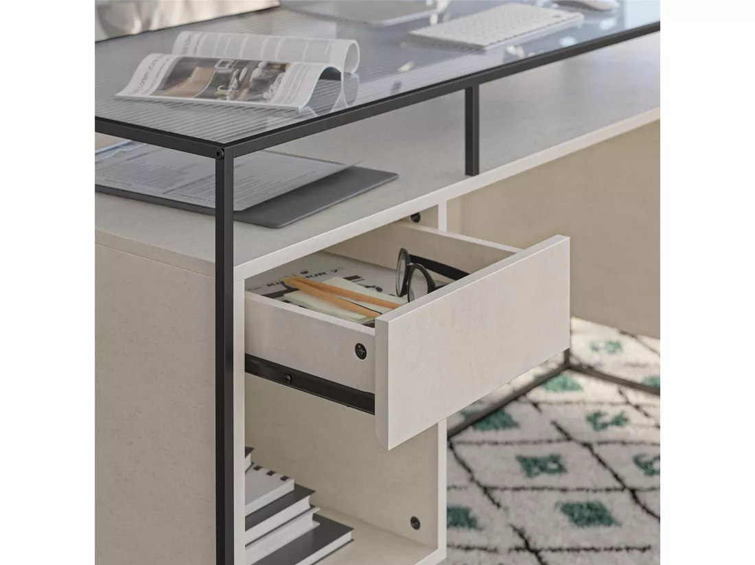 Camley | Bureau avec 2 tiroirs et rangement en verre et piètement en plâtre MDF