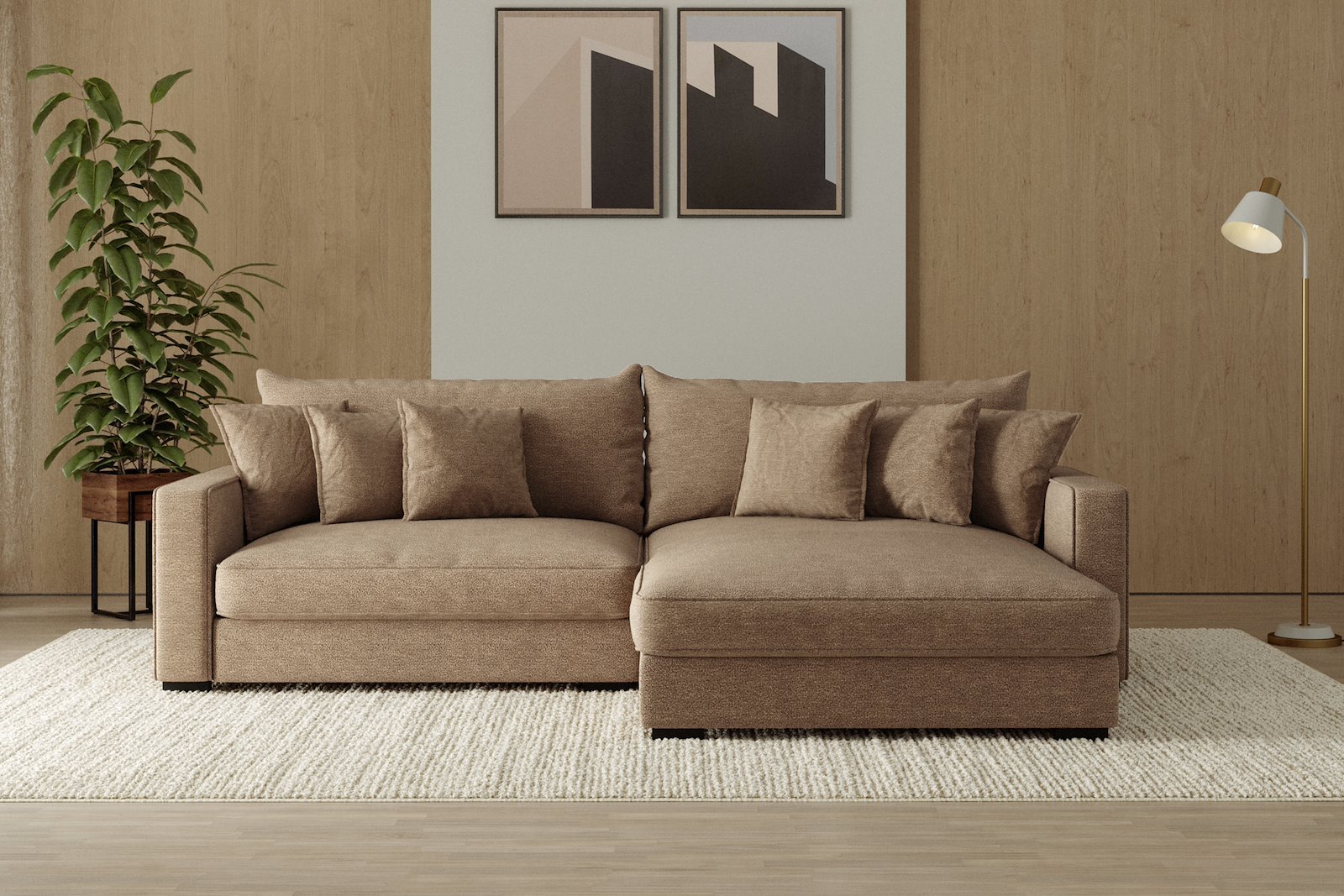 Rossi Lux 2-seter med XL sjeselong høyre Tekstil Beatto 1012 Brown, arm B med sorte ben. Lux Komfort.