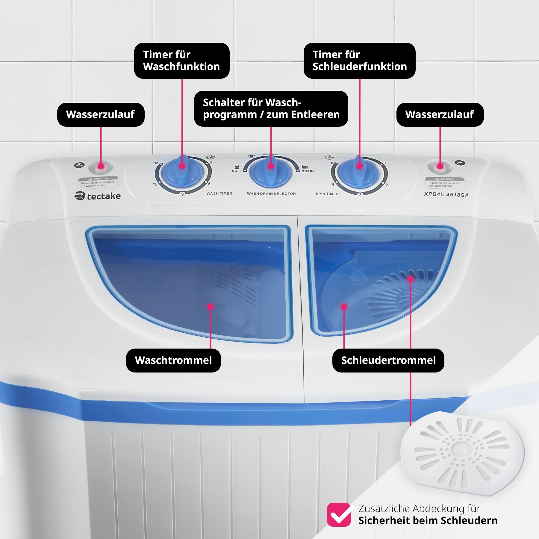 tectake® Mini-Waschmaschine 4,5 kg mit Wäscheschleuder 3,5 kg